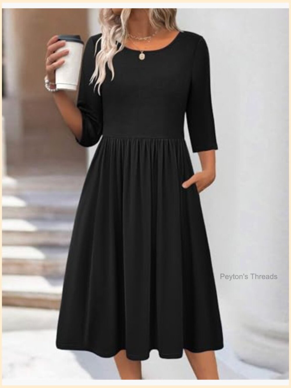 3/4 Sleeve Midi Dress with Pockets, Crewneck, A-Line Flowy Tshirt Dress, Soft - Picture 3 of 7